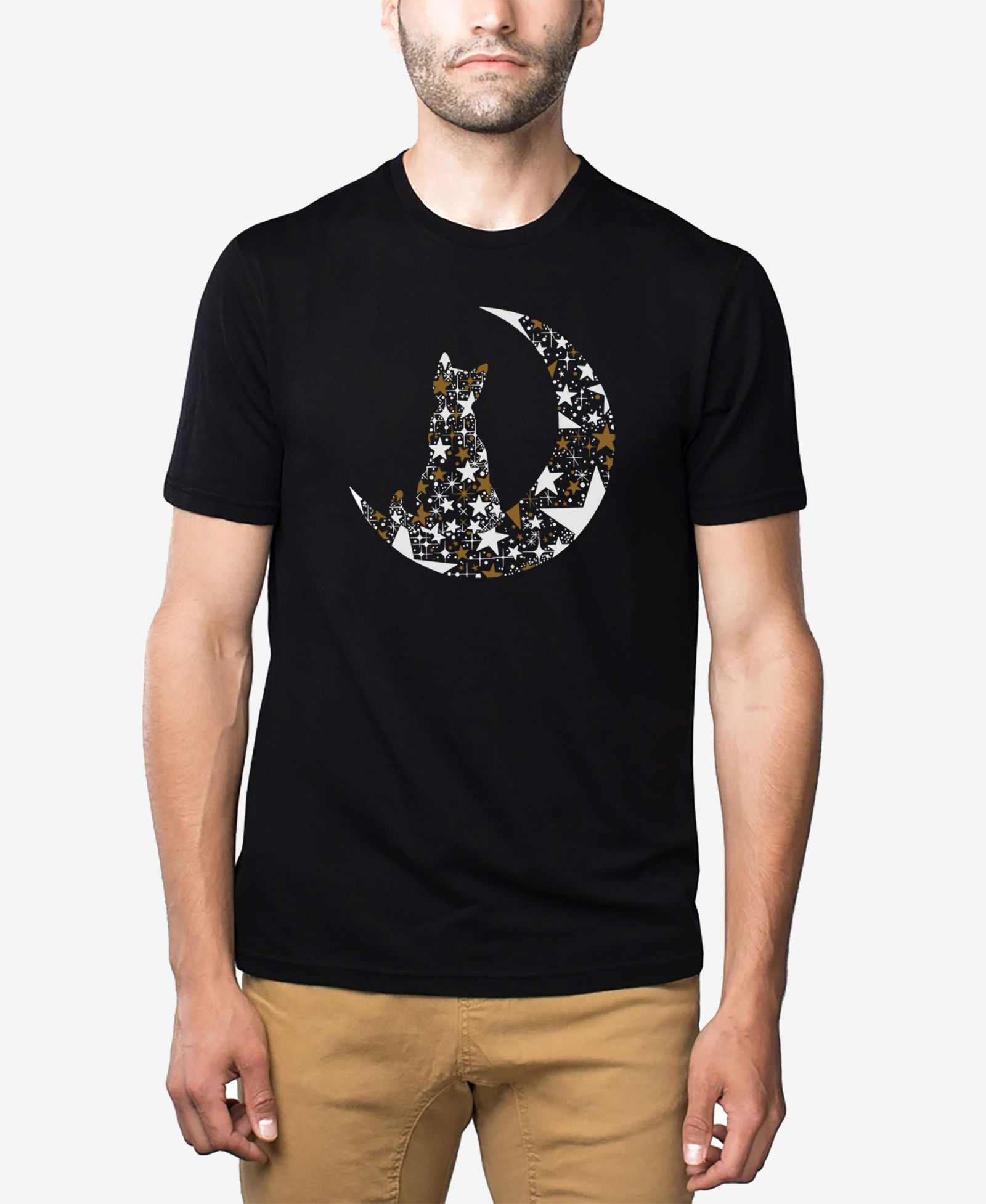 LA Pop Art Men's Cotton/Poly Blend Word Art T-Shirt - Cat on the Moon
