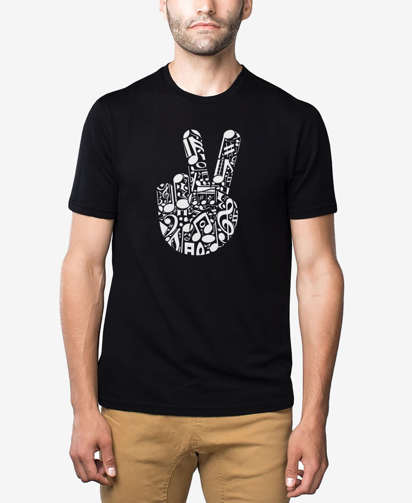 LA Pop Art Men's Cotton/Poly Blend Word Art T-Shirt - Peace Fingers Notes