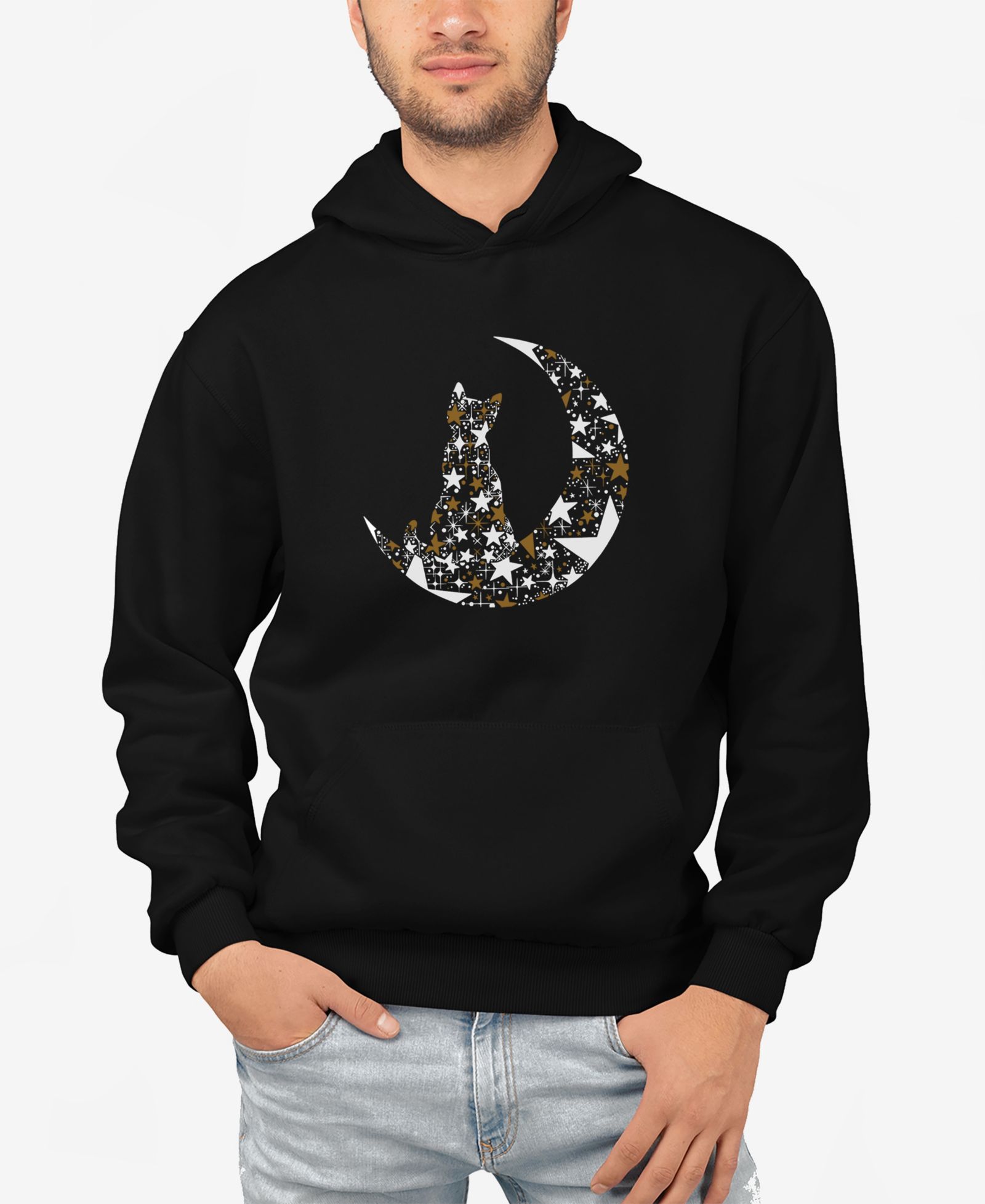 LA Pop Art Мужское худи с принтом Cat Sitting On Moon Word Art