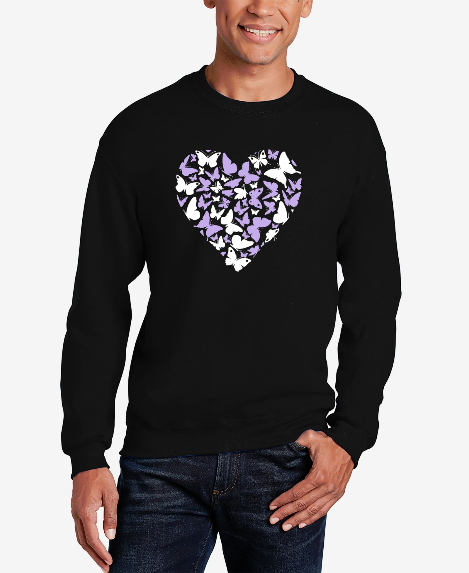 LA Pop Art Men's Butterfly Heart Word Art Crewneck Sweatshirt