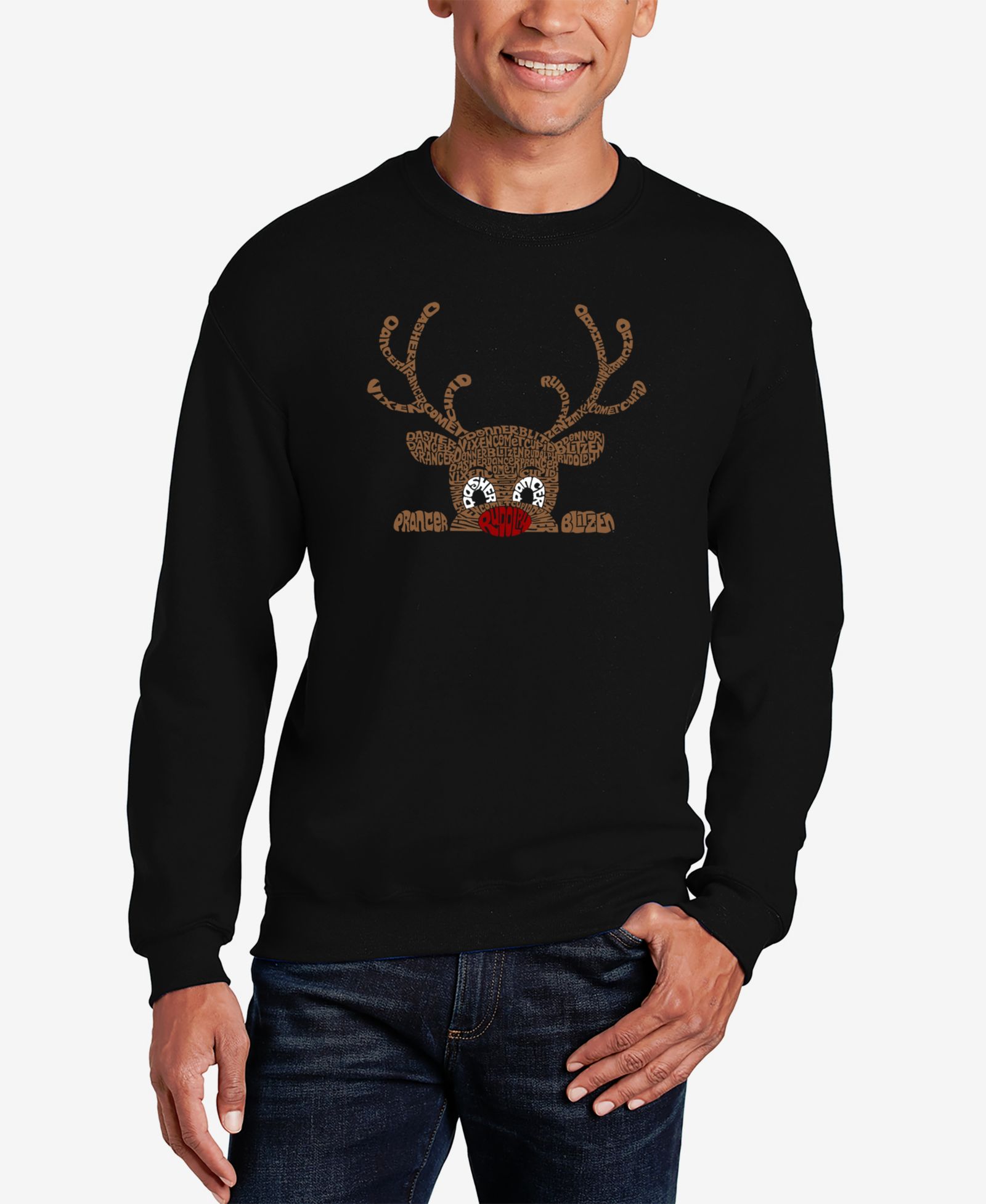 LA Pop Art Men's Peeking Reindeer Word Art Crewneck Sweatshirt