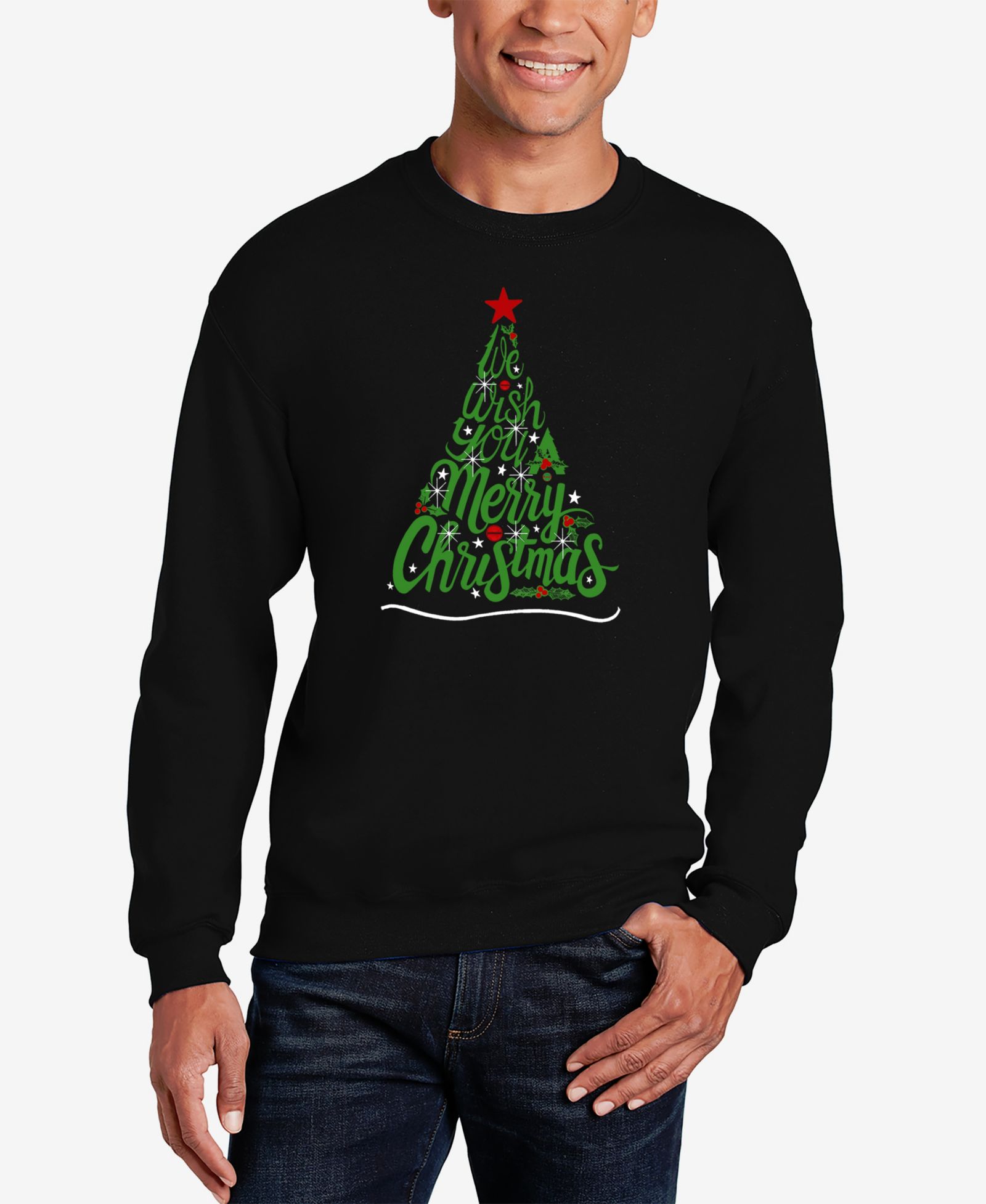 LA Pop Art Men's We Wish You A Merry Christmas Word Art Crewneck Sweatshirt