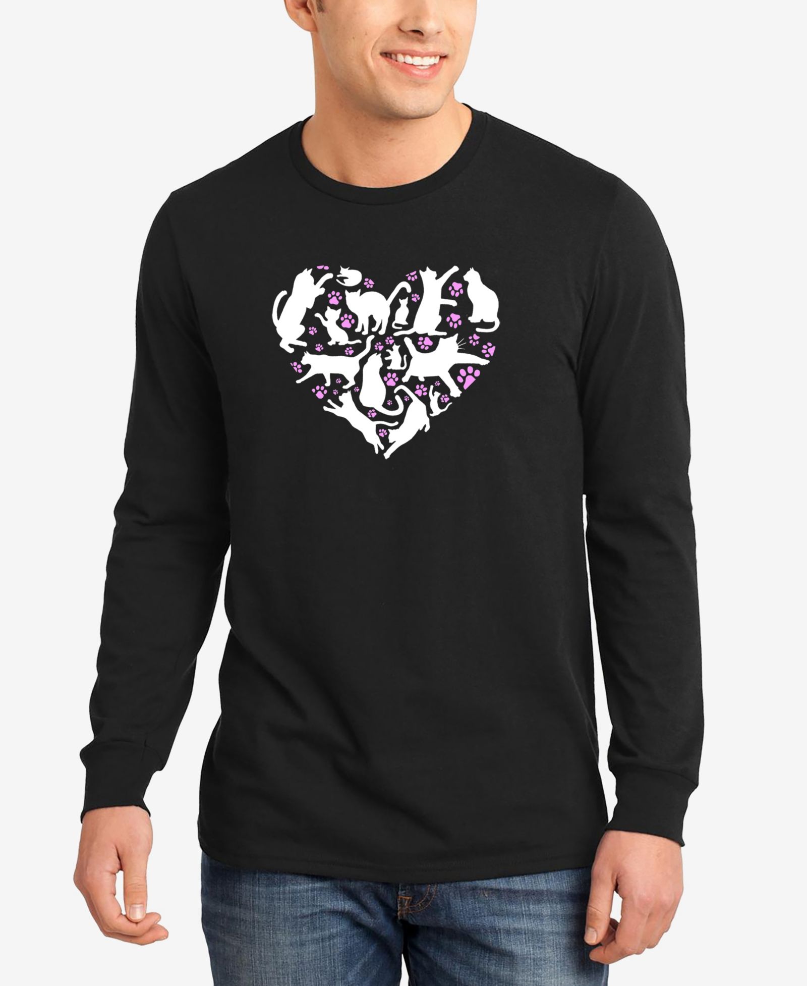 LA Pop Art Men's Cat Heart Word Art Long Sleeve T-Shirt