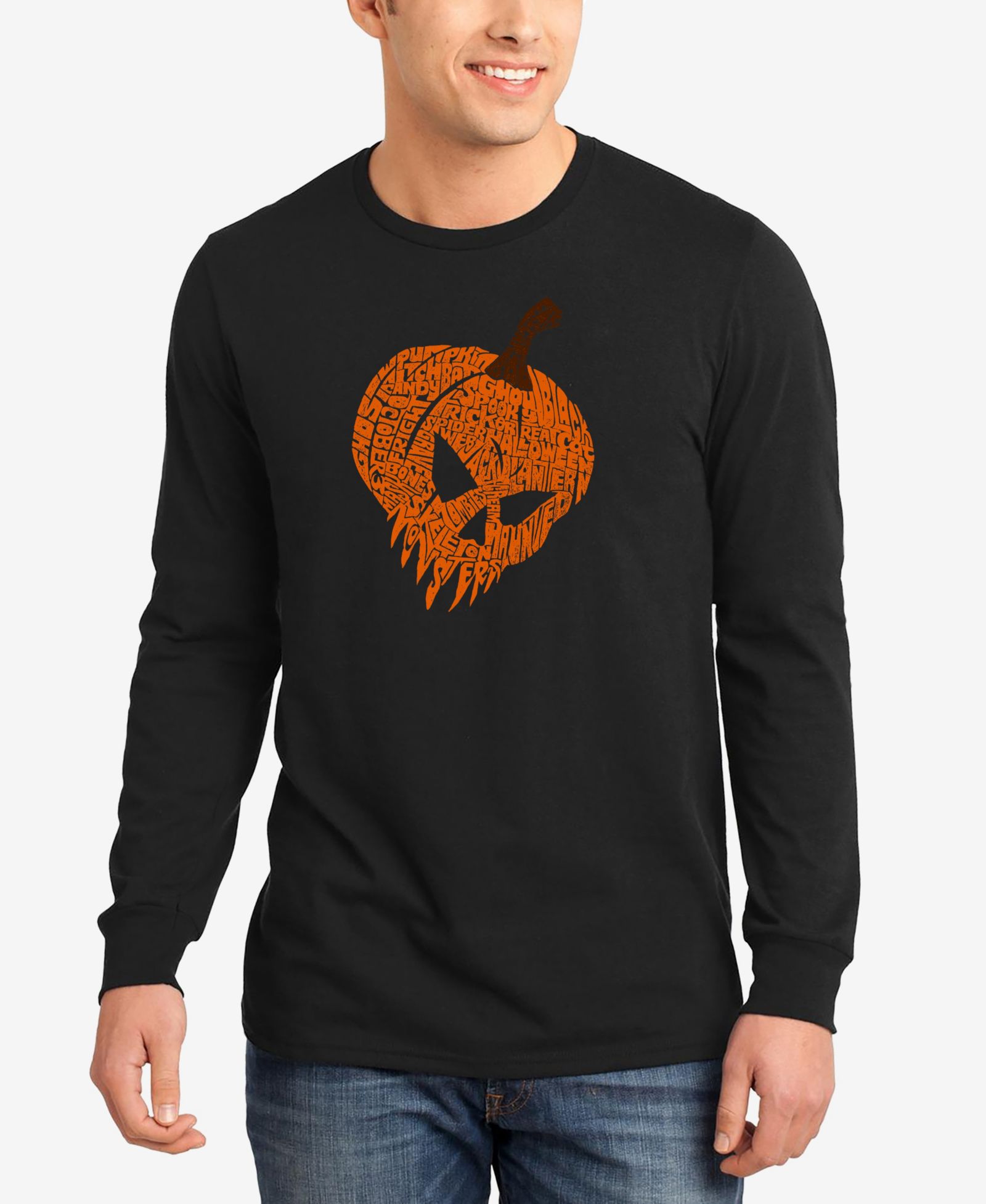 LA Pop Art Men's Evil Pumpkin Word Art Long Sleeve T-Shirt