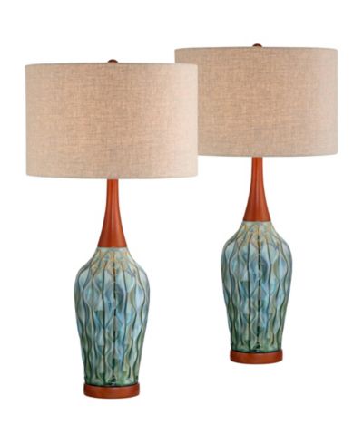 Possini Euro Design Rocco Modern Mid Century Table Lamps 30" Tall Set of 2 Blue Teal Glaze Ceramic Linen Drum Shade for Bedroom Living Room Nightstand