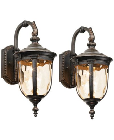John Timberland Bellagio Vintage Outdoor Wall Light Fixtures Set of 2 Veranda Bronze Down bridge 16 1/2 Champagne Hammered Glass for Post Exterior
