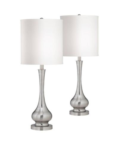 Possini Euro Design 32" Tall Gourd Large Modern End Table Lamps Set of 2 Silver Brushed Steel Finish Metal Living Room Bedroom