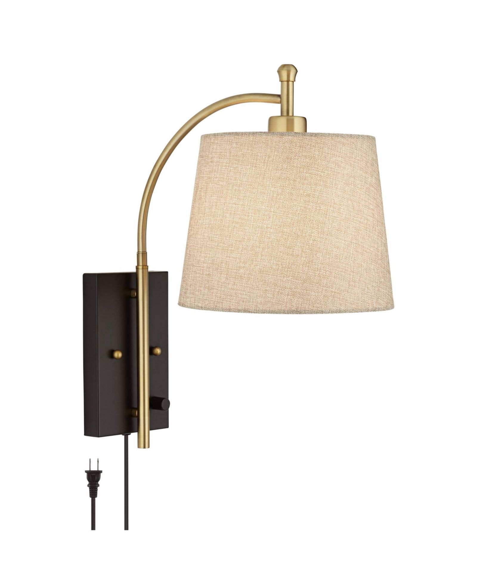 360 Lighting 18"x 10" Chester Modern Swing Arm Wall Lamp Brass Black Plug-in Light Fixture Tan Drum Shade for Bedroom,Living Room Reading Home House