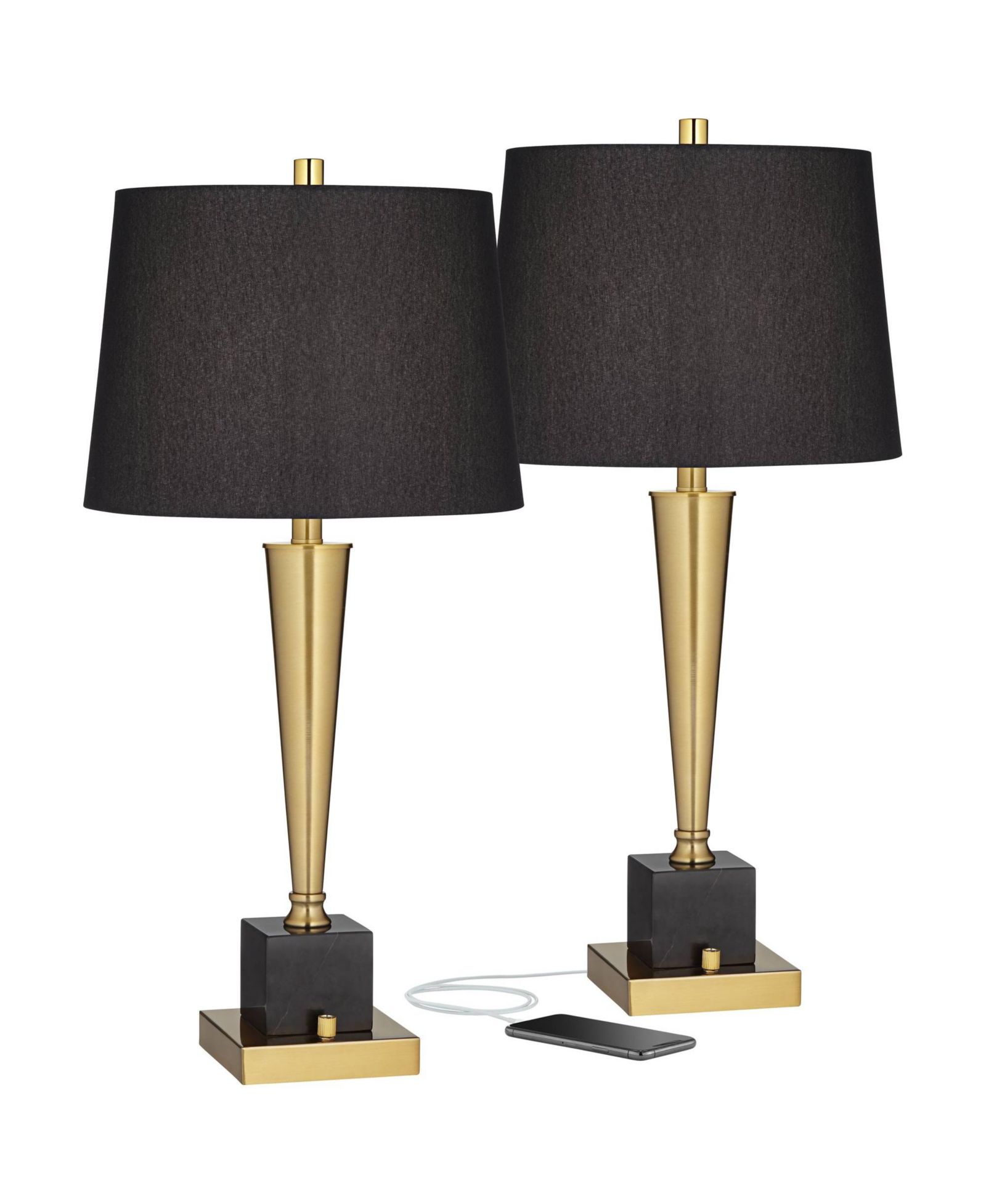 Possini Euro Design Wayne Modern Table Lamps 29 1/4" Tall Set of 2 Brass with USB Charging Port Fabric Drum Shade for Bedroom Living Room Kids
