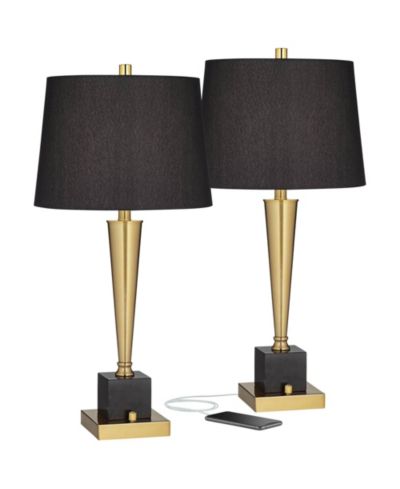 Possini Euro Design Wayne Modern Table Lamps 29 1/4" Tall Set of 2 Brass with USB Charging Port Fabric Drum Shade for Bedroom Living Room Kids