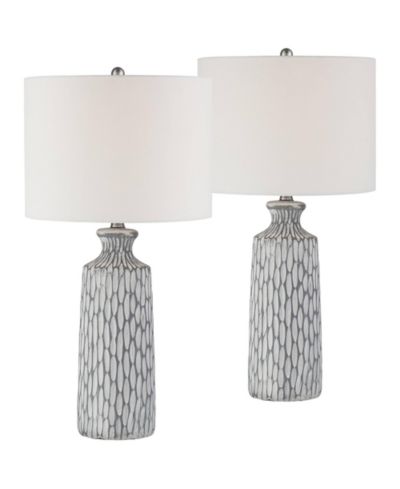 360 Lighting Patrick Modern Coastal Table Lamps Set of 26 1/4" High Wash Ceramic Drum Fabric Shade for Bedroom Living Room Nightstand Home