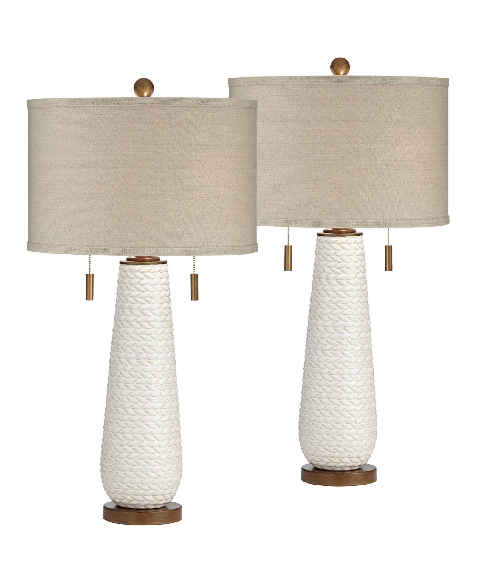 Possini Euro Design Kingston Modern Mid Century Table Lamps 32 3/4" Tall Set of 2 White Textured Ceramic Taupe Drum Shade for Bedroom Living Room Home