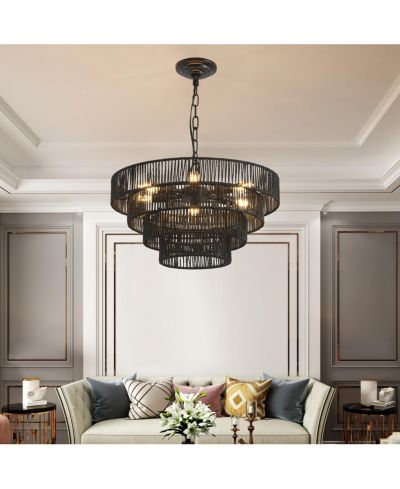 Streamdale Furniture 4-уровневая черная люстра из пеньковой веревки с 6 патронами, подвесной светильник