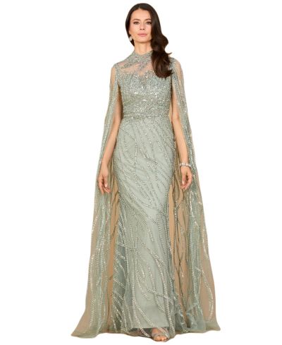 Lara Women's High Neck Gown with Long Cape Sleeves