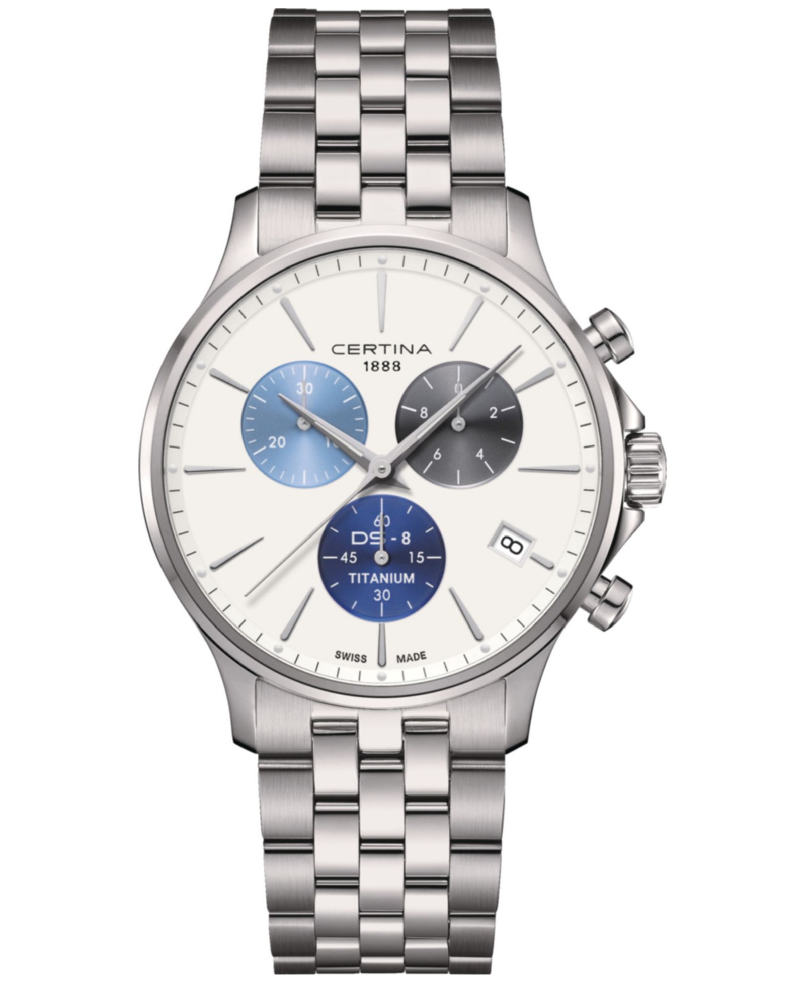 Certina Men's Swiss Chronograph DS-8 Silver-Tone Titanium Bracelet Watch 41mm