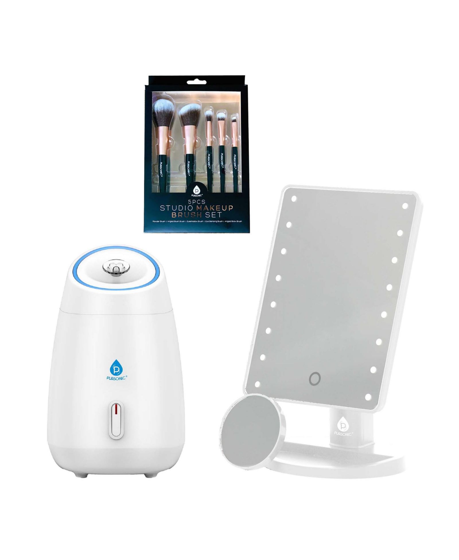 Pursonic Glow & Go Beauty Bundle with LED Vanity Mirror, Facial Steamer & 5-Piece Brush Set
