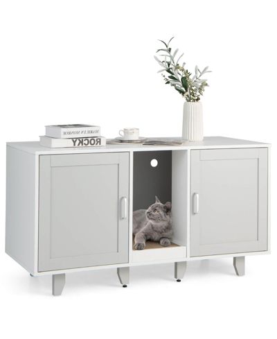 2-Door Cat Litter Box Enclosure with Winding Entry and Scratching Board