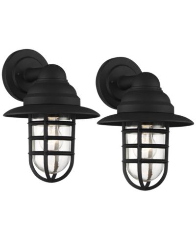 John Timberland Hooded Cage 13" Clear Glass for Post Exterior Barn Marlowe Rustic Set of 2 Industrial Outdoor Wall Light Fixtures