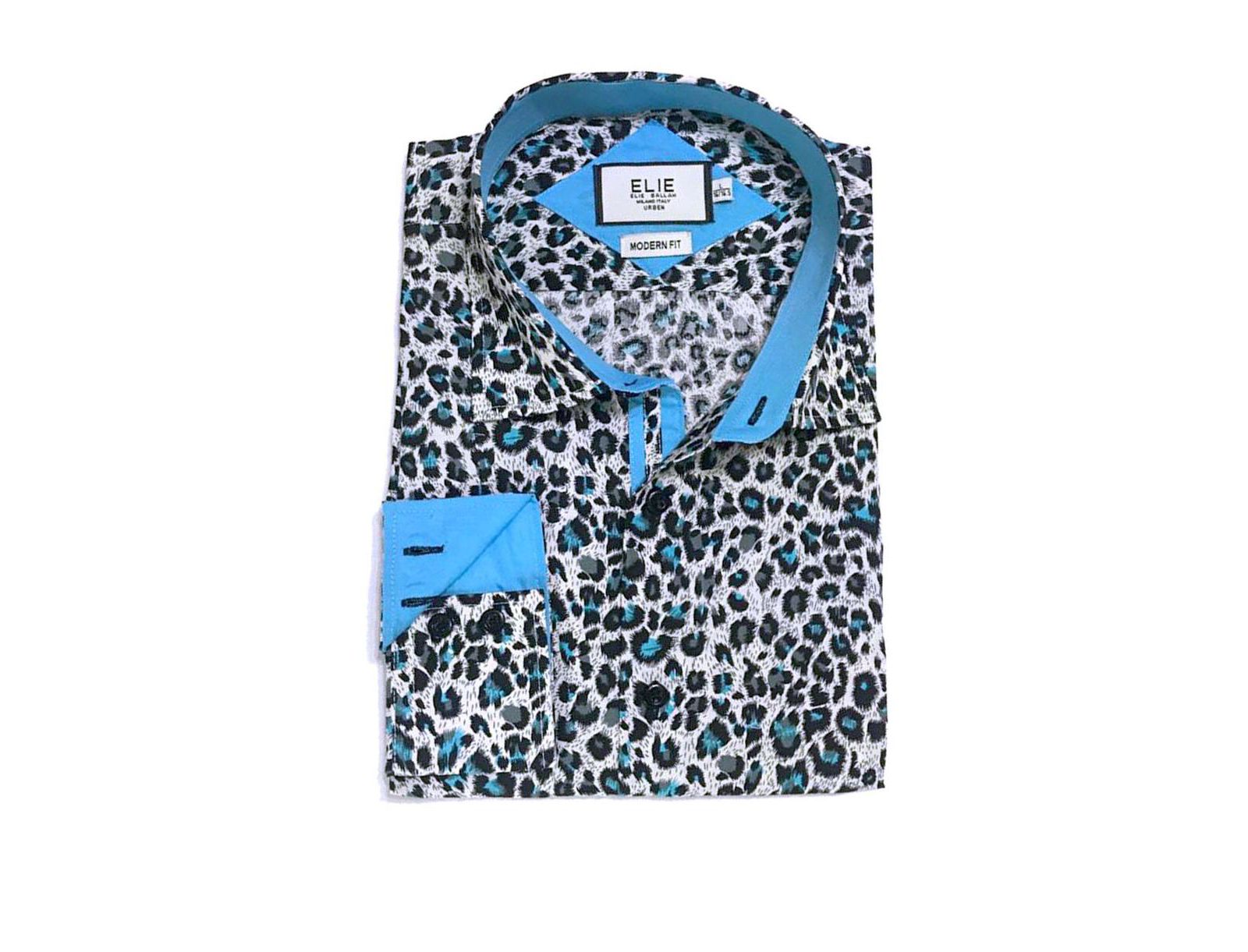 Elie Balleh Little Boys Teal Slim Fit Leapord Button-Down Shirt
