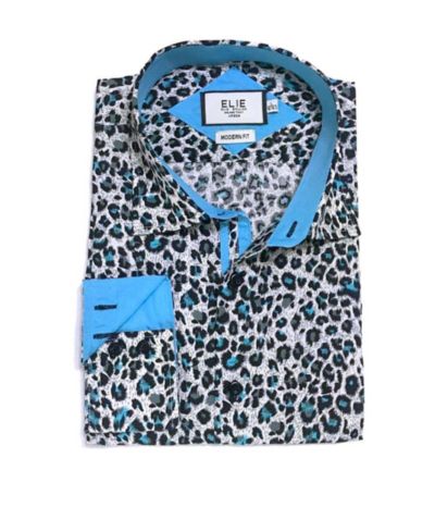 Elie Balleh Little Boys Teal Slim Fit Leapord Button-Down Shirt