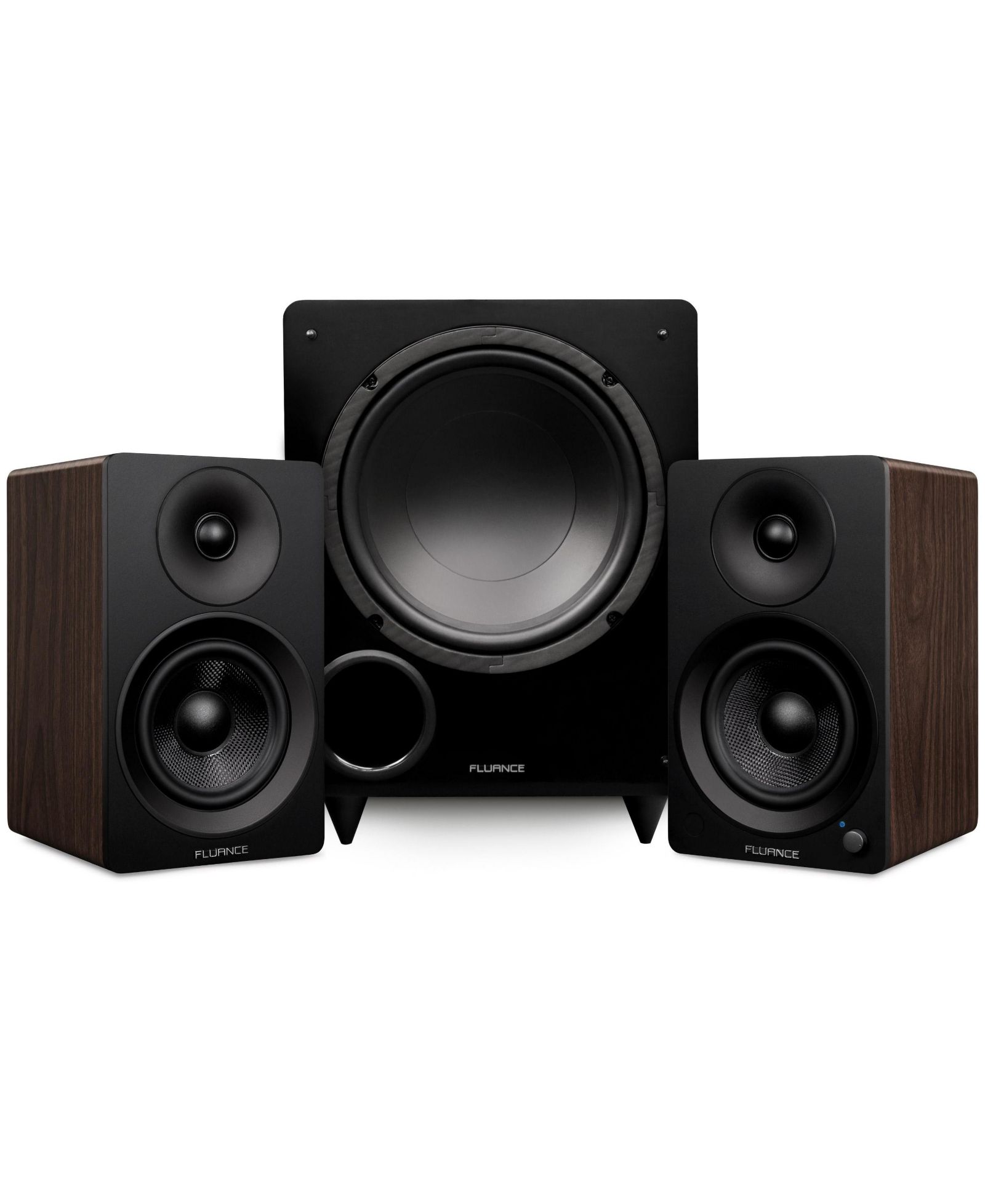 Fluance Ai41 Powered 5" Stereo Bookshelf Speakers (Bamboo), DB10 10" Powered Subwoofer (Black), 15ft RCA Subwoofer Cable