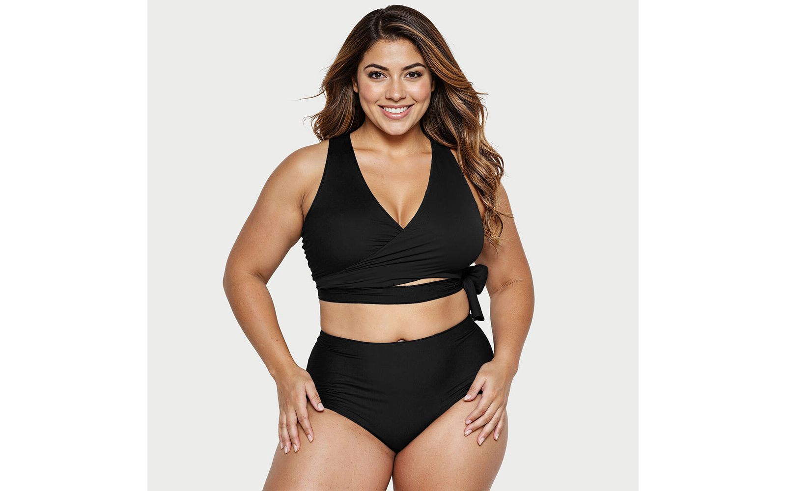 Calypsa Plus Size Emery 2-Piece Wrap Style Swim Set With Reversible Top and High-Waisted Bottom