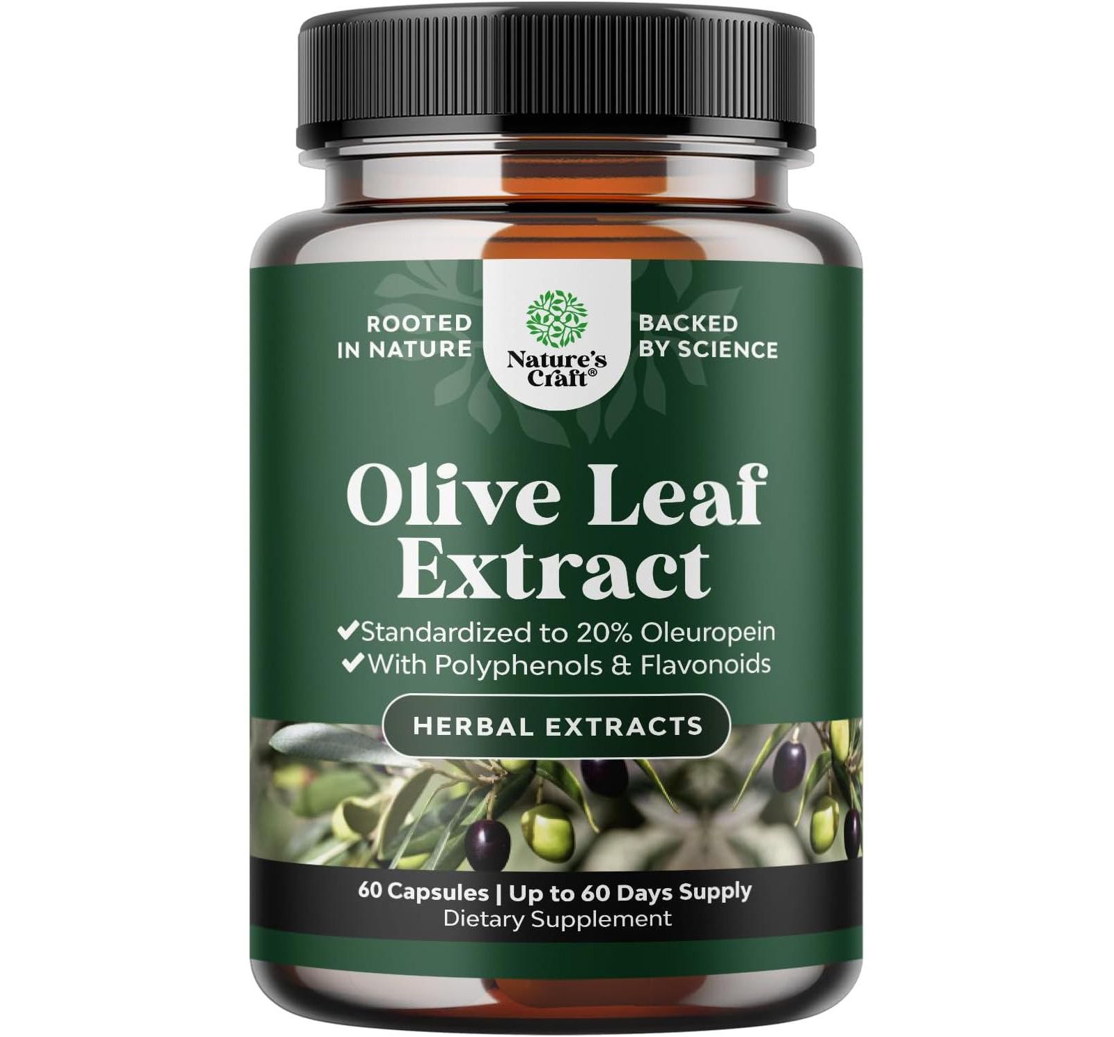 Olive Leaf Extract Capsules | High Strength Antioxidant Supplement | Pure Olive Leaf with 20% Oleuropein for Heart Health | 60ct