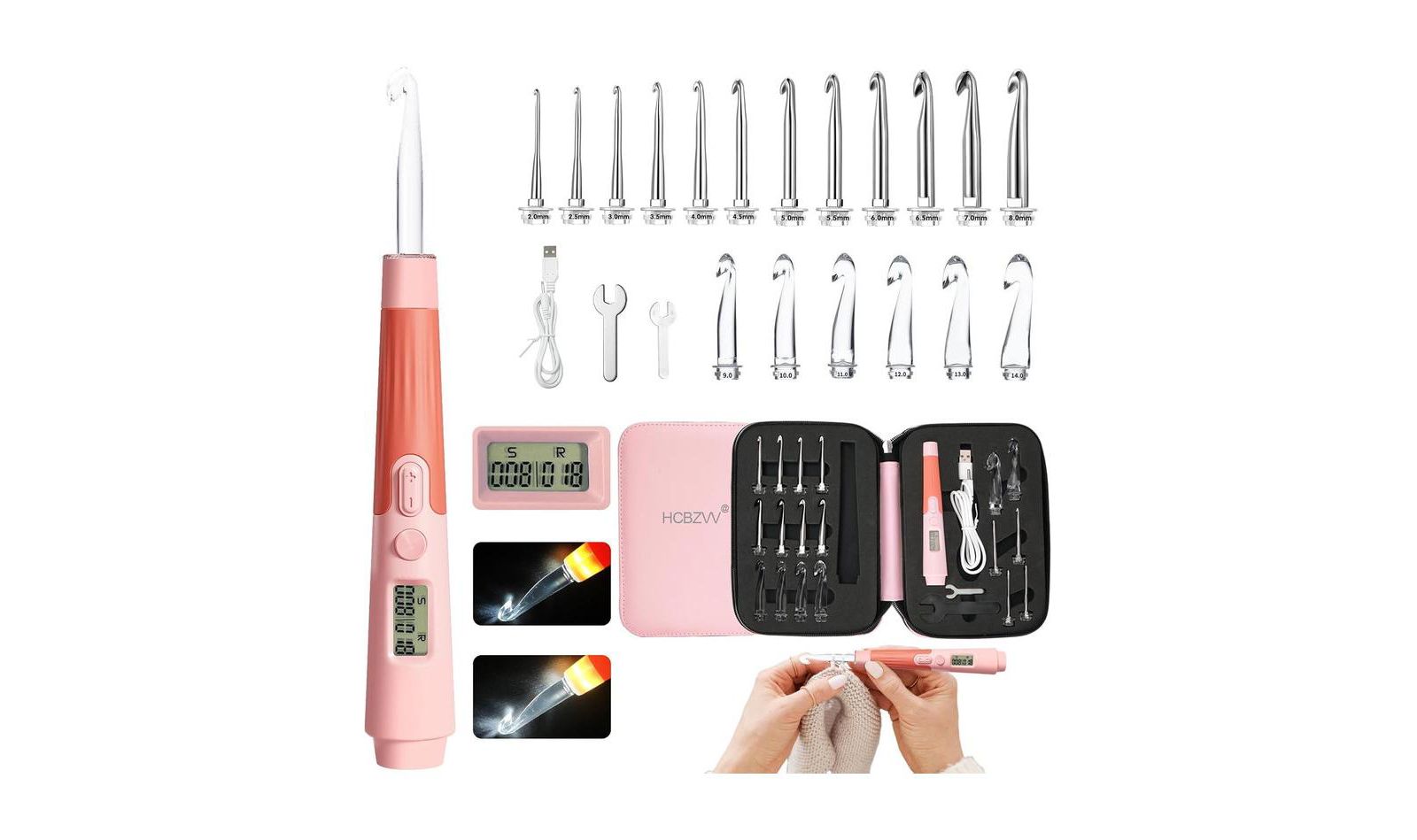 Набор крючков для вязания Zcvtbye Rechargeable Lighted Crochet Hook Set with Stitch Counter 22 Interchangeable Metal Heads Ergonomic Handle
