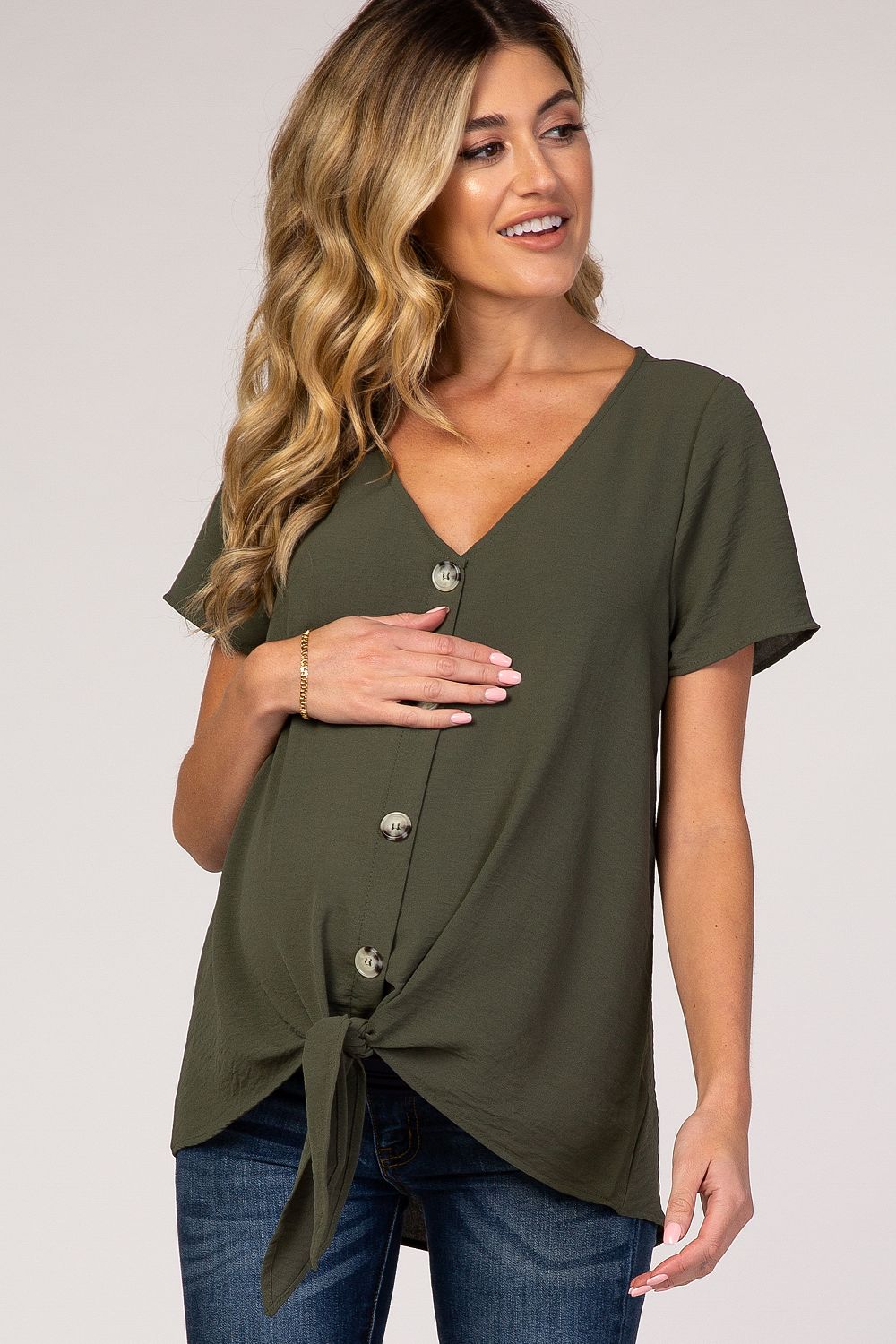 Pinkblush Women's Light Olive Button Tie Front Top