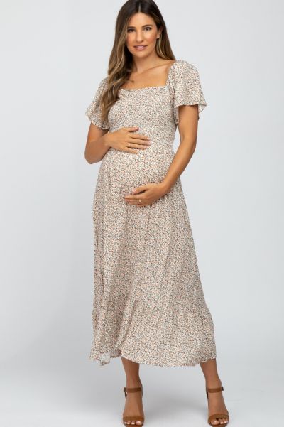 Pinkblush Women's Mustard Floral Smocked Maxi Dress