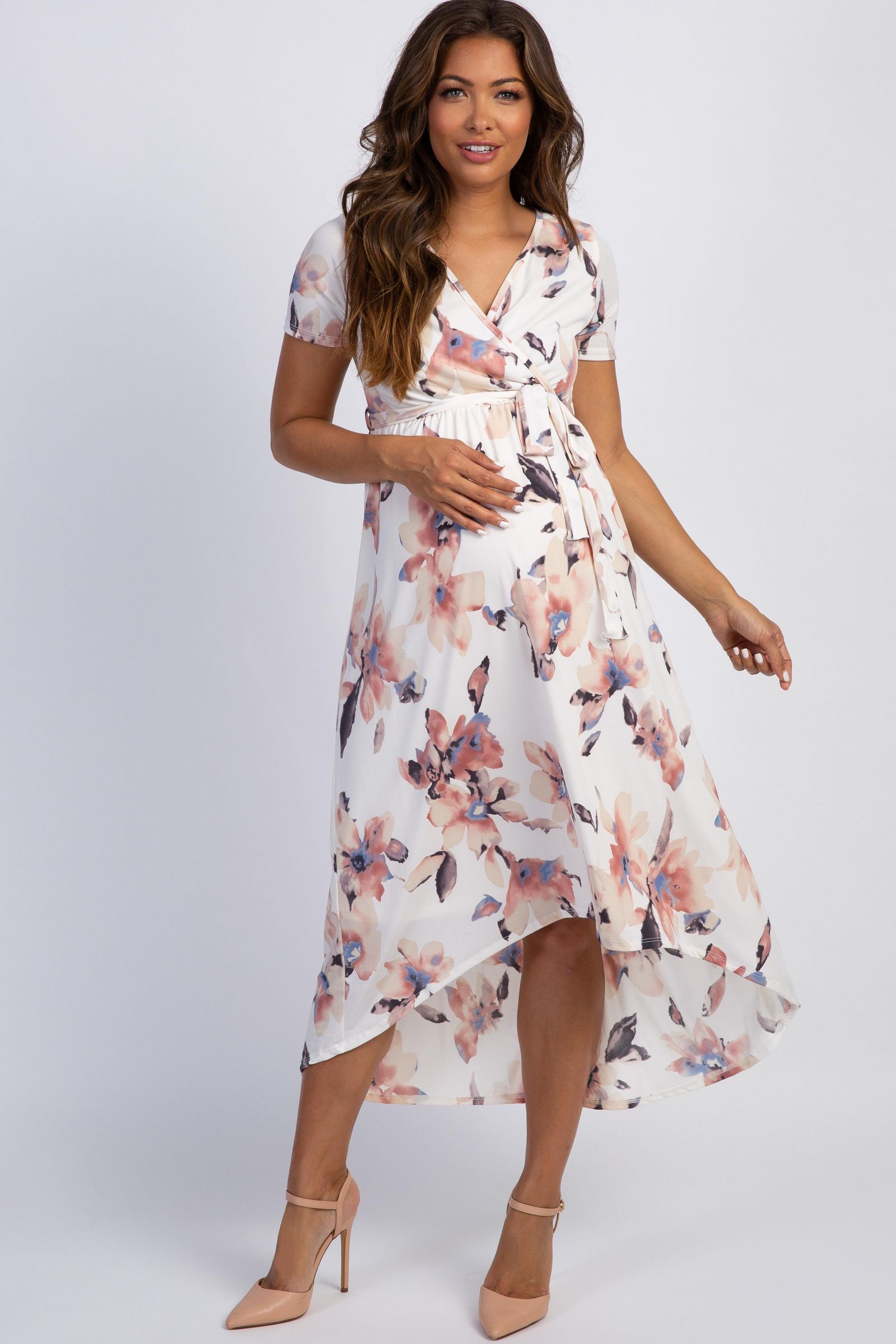 Pinkblush Women's Ivory Watercolor Floral Hi-Low Wrap Dress