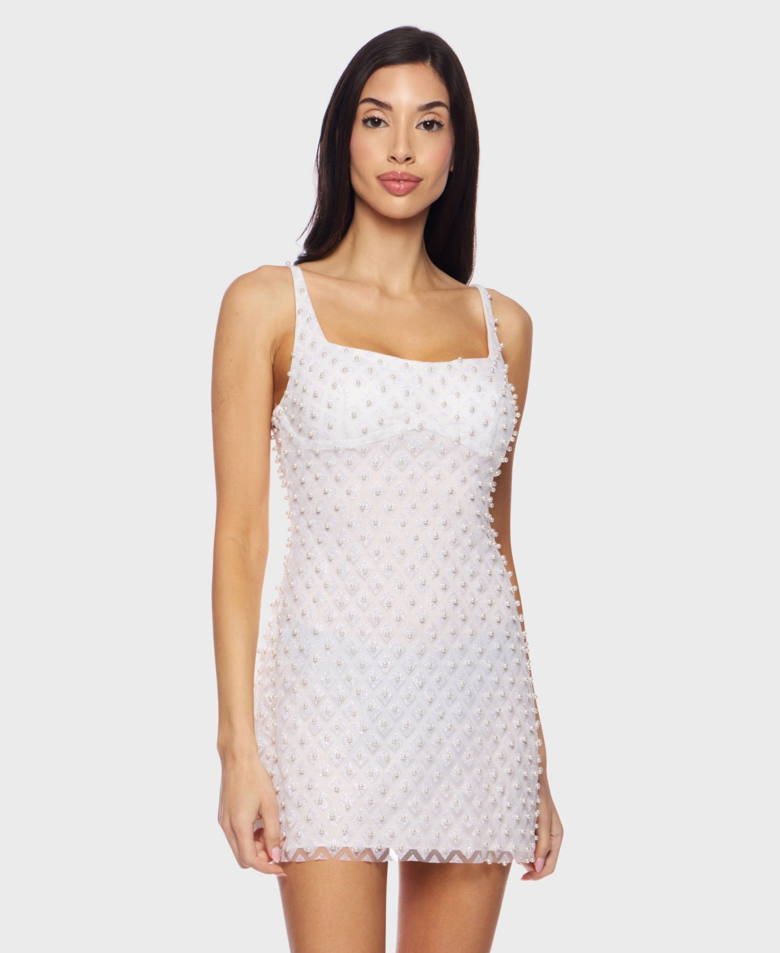 Alex & Sophia Juniors' Square Neck Faux Pearl Mesh Bodycon Dress