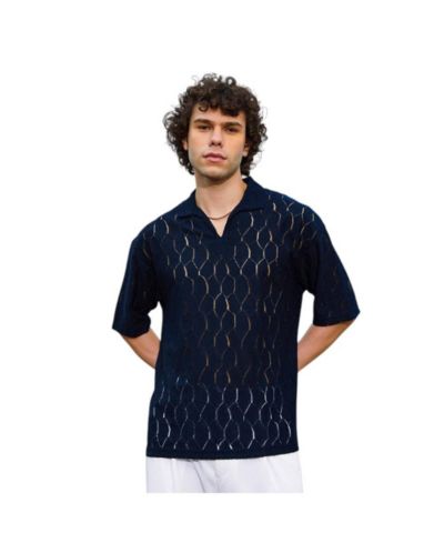 Campus Sutra Men's Prussian Blue Honeycomb-Knit Polo T-Shirt