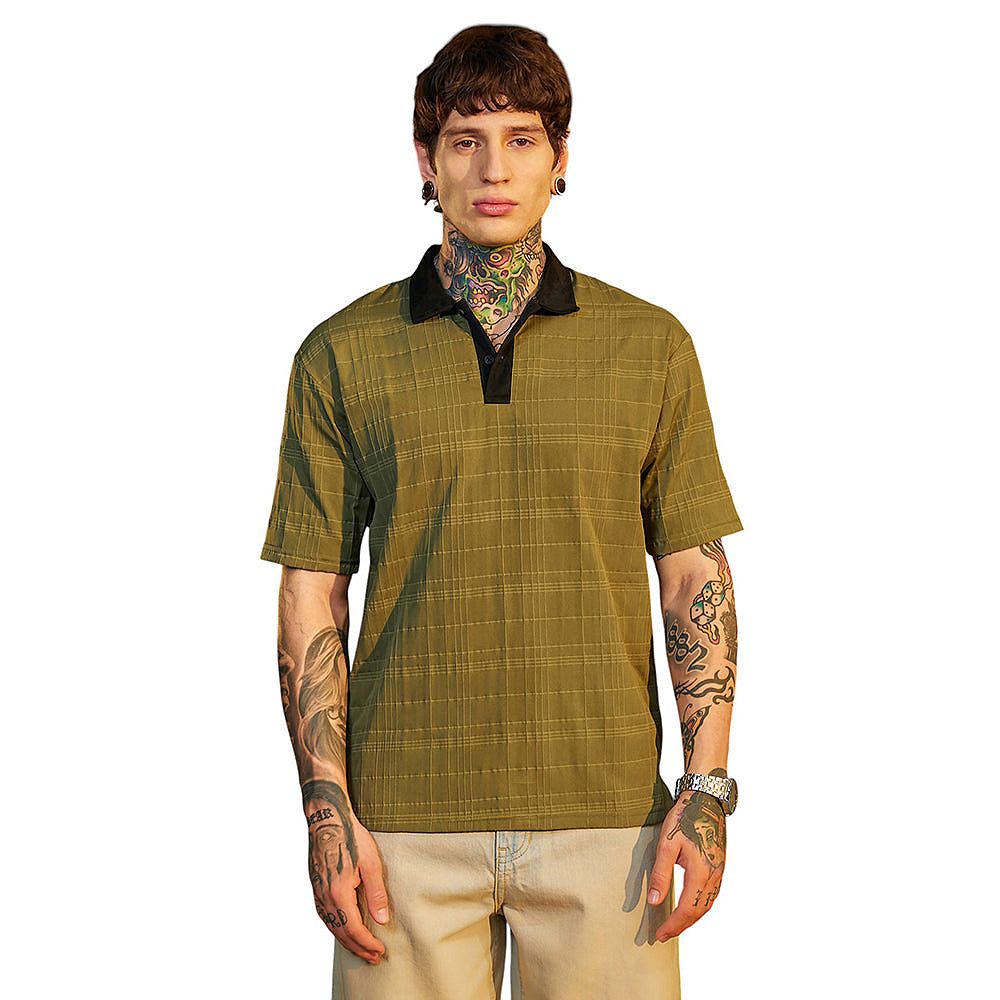 Campus Sutra Men's Olive Green and Onyx Black Contrast Grid Polo T-Shirt