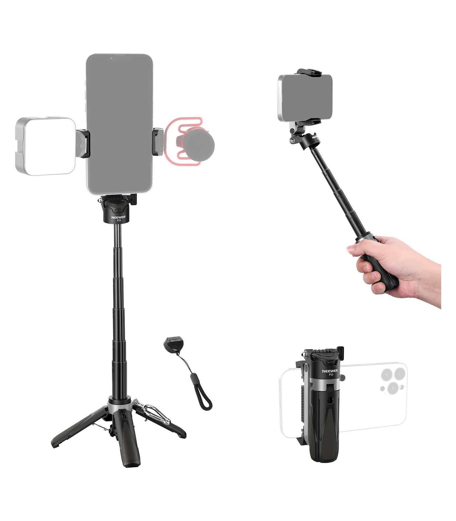 NEEWER Lightweight Bluetooth Selfie Stick Tripod with 360° Phone Holder & Cold Shoe