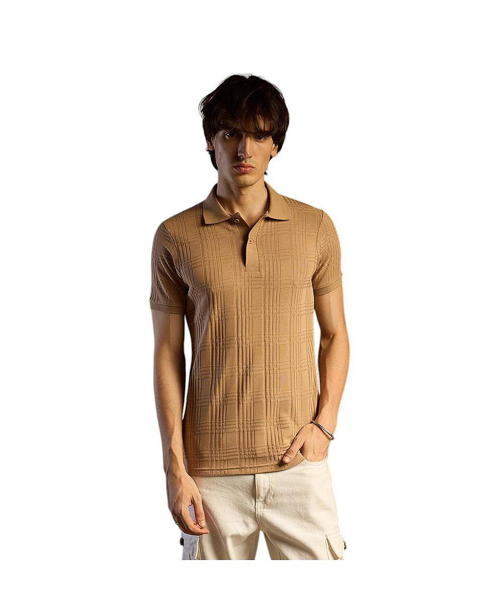 Cahoot Men's Buff Beige Intertwine-Textured Polo T-Shirt