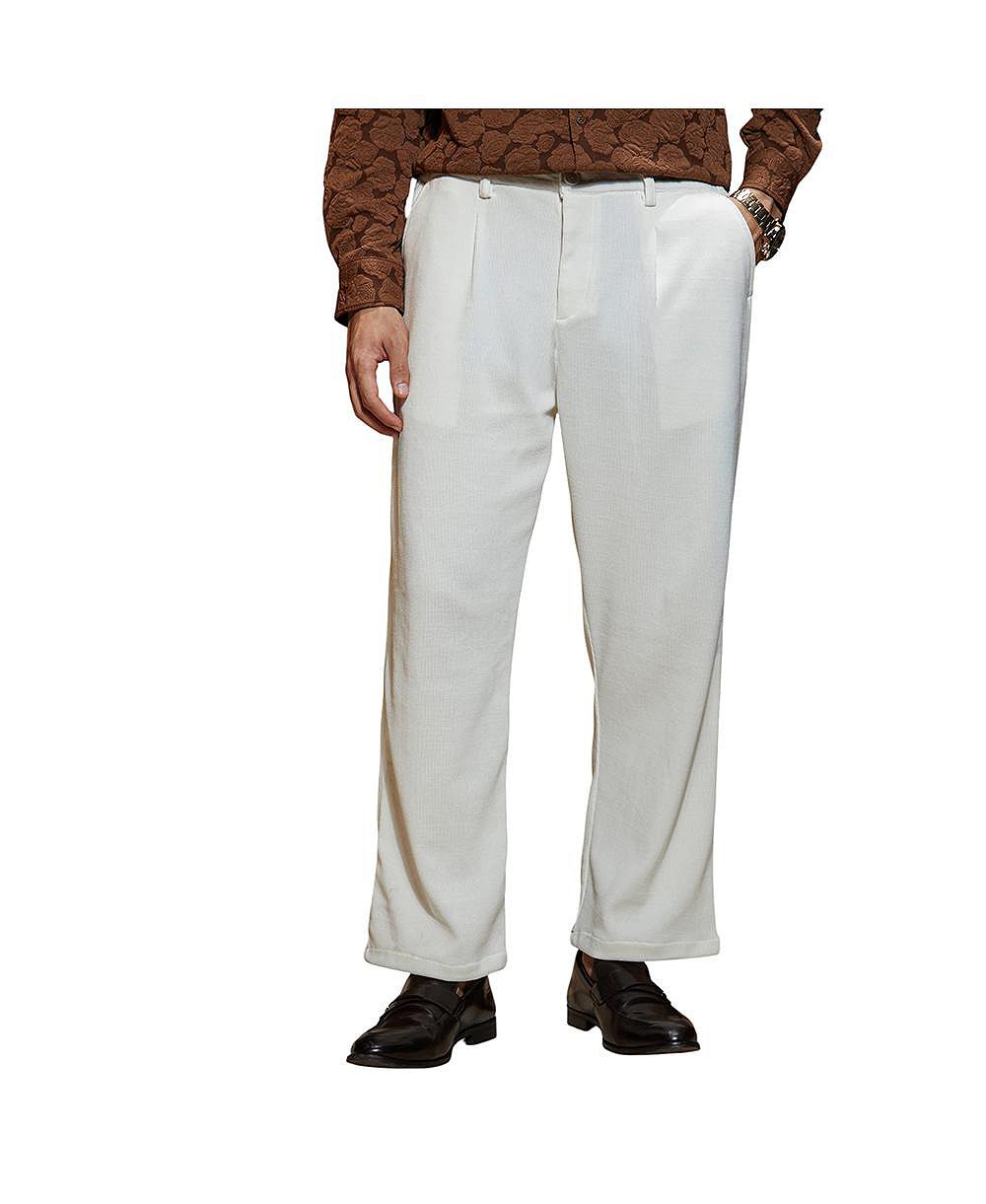 Мужские брюки Campus Sutra Cream White Waffle-Pleated Straight
