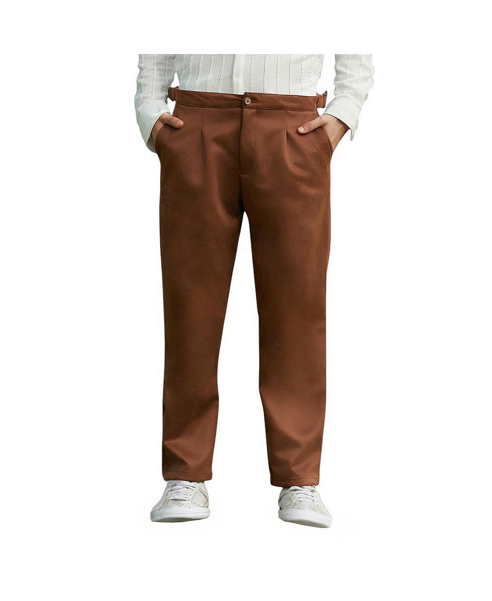 Campus Sutra Men's Chocolate Brown Tailored Suede Trousers