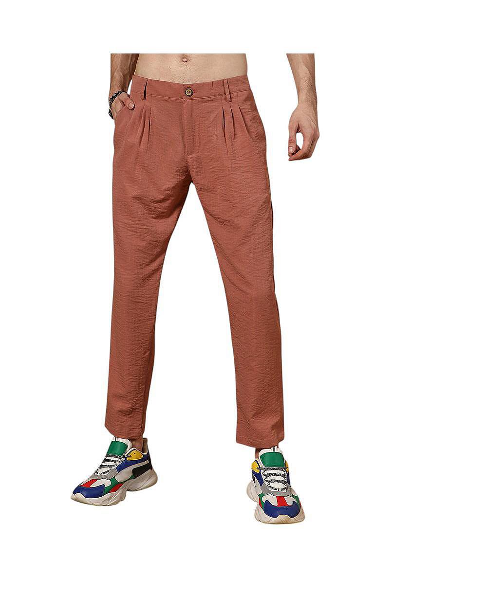 Campus Sutra Men's Terracotta Brown Crinkled Tailored Trousers