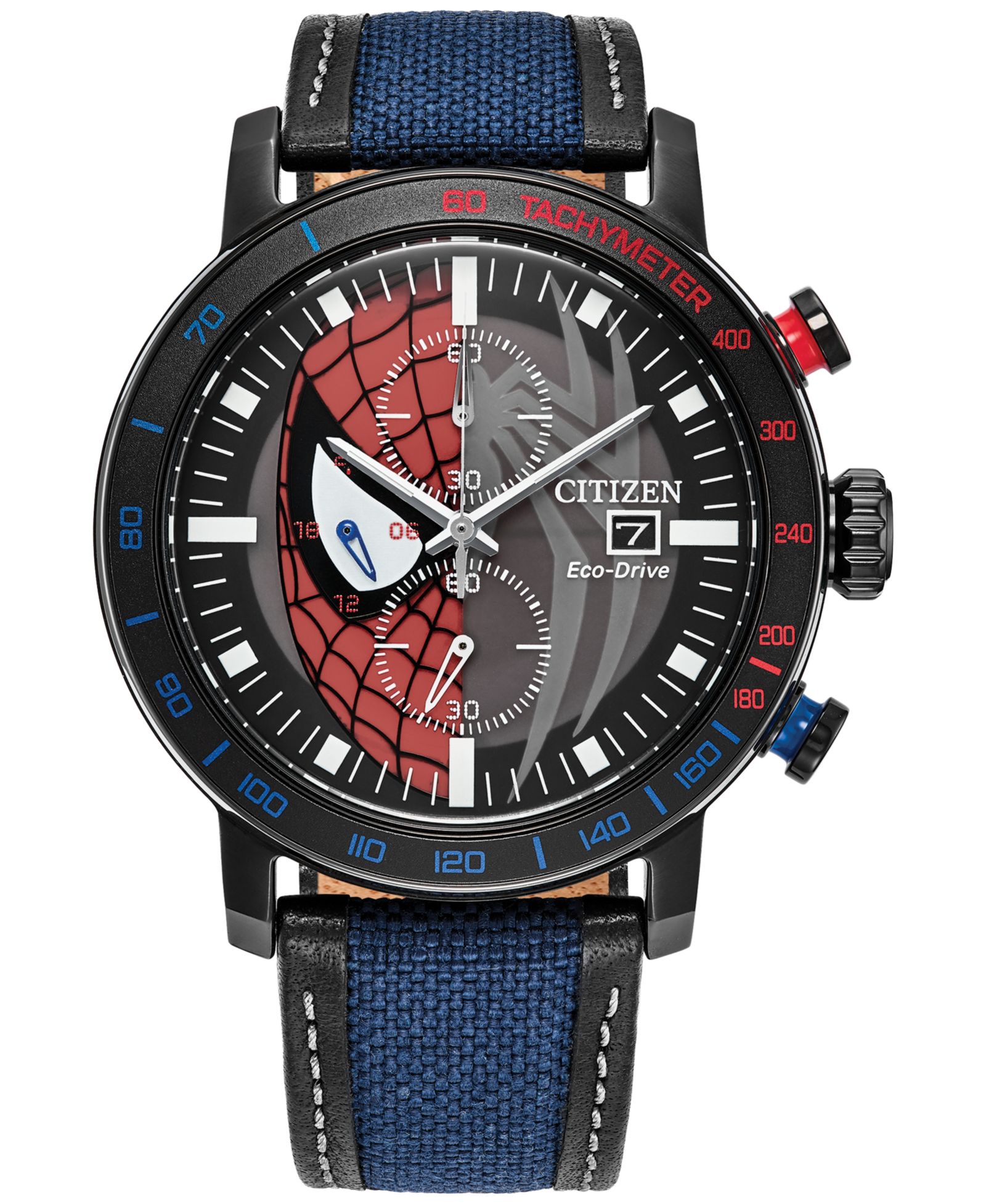 Часы Citizen Eco-Drive Men's Chronograph Marvel Spider-Man Blue Nylon Leather Strap 44mm