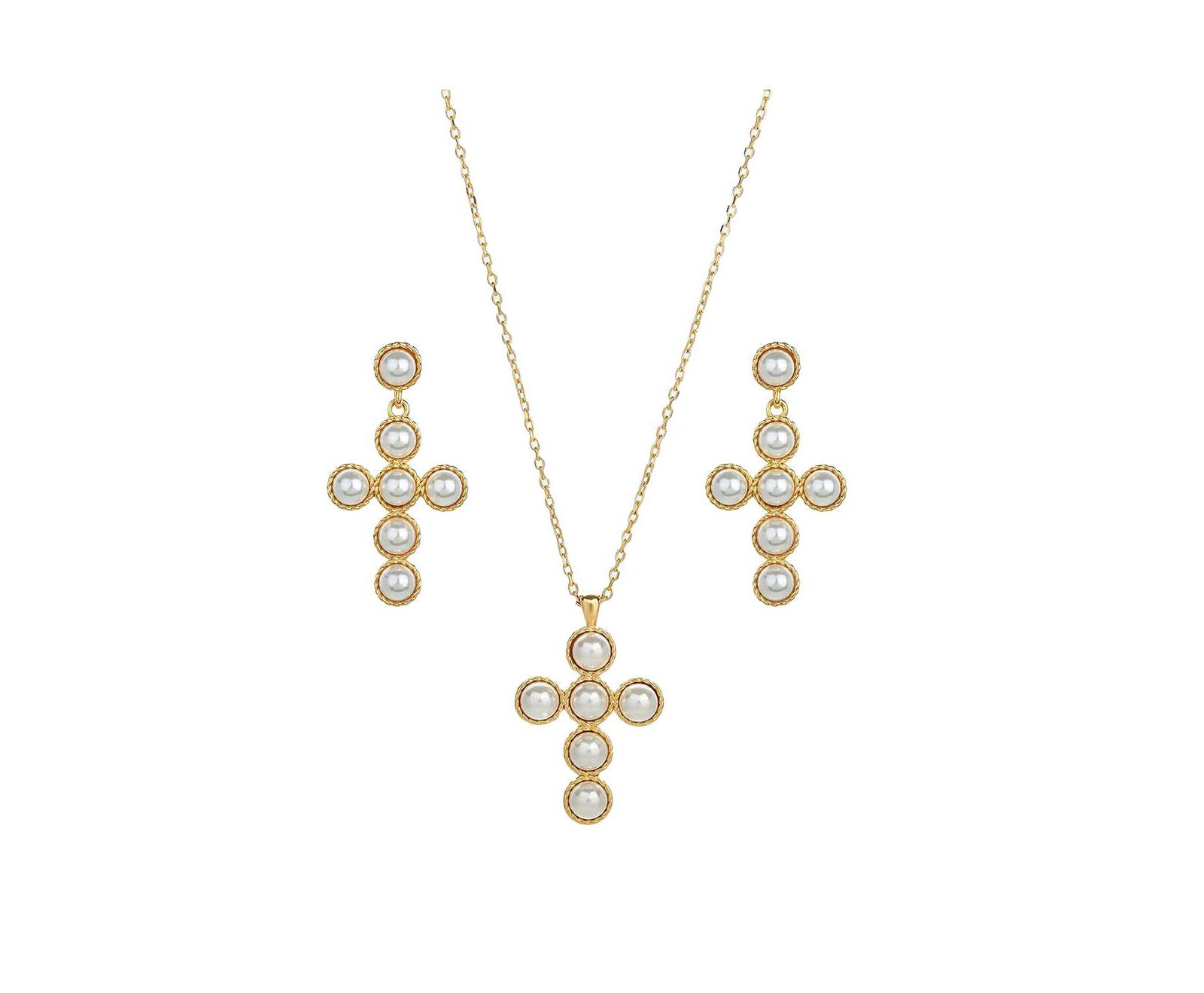 Sterling Plated Victoria Cross Pearl Necklace & Earring Set