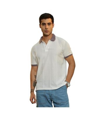 Campus Sutra Men's Chalk White and Pastel Purple Contrast Open-Knit Polo T-Shirt