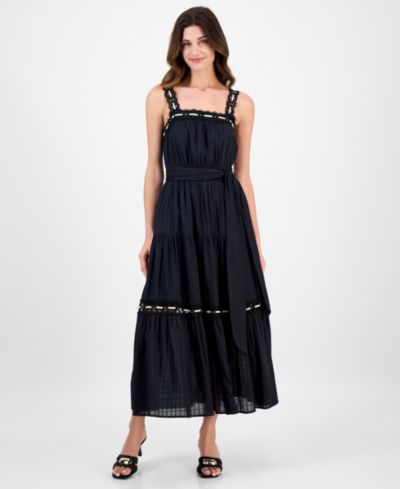 Anne Klein Women's Lace-Trim Cotton Sleeveless Midi Dress