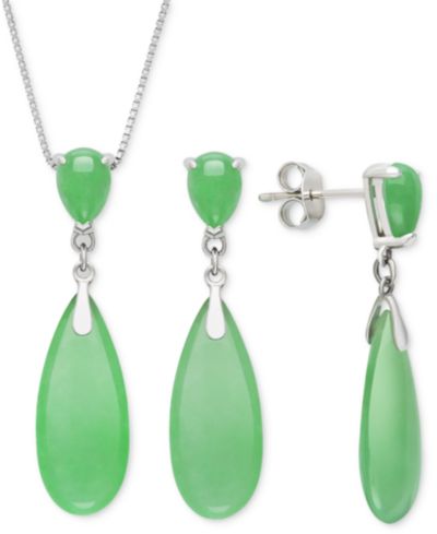 2-Pc. Set Dyed Green Jade Elongated Pear Pendant Necklace & Matching Drop Earrings in Sterling Silver