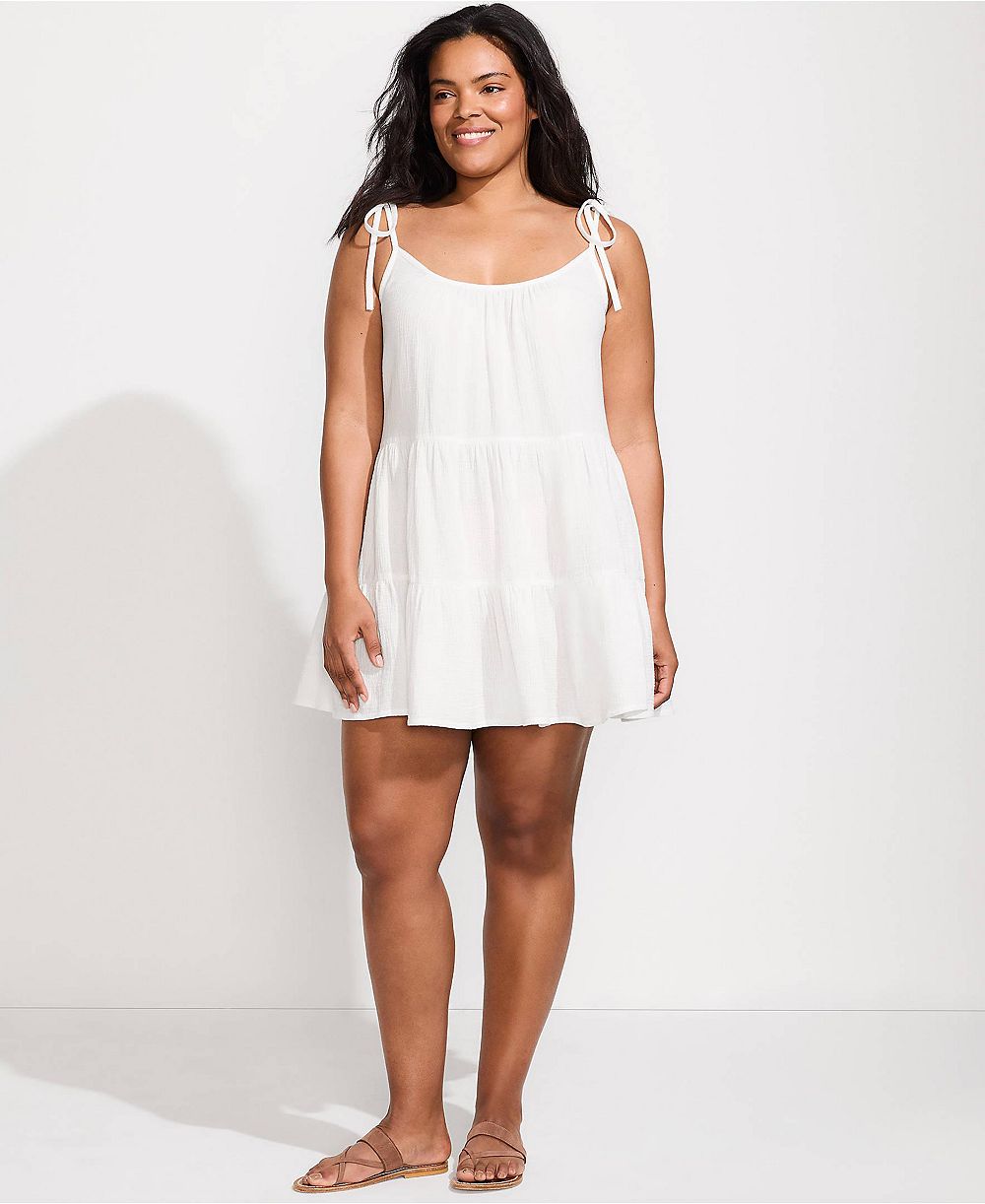 Lands' End Plus Size Oversized Cotton Gauze Tiered Mini Cover-up Dress