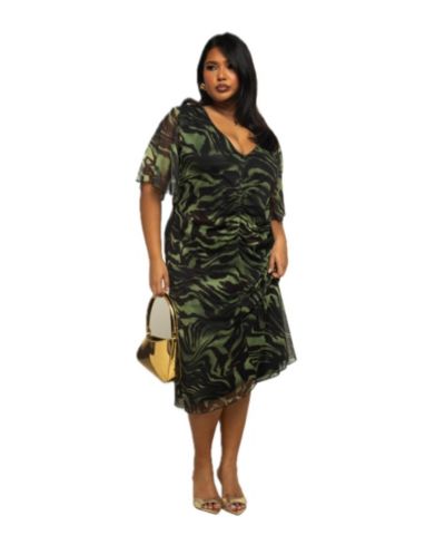 FASHION-SZN CURVE Women's Zebra Print Mesh Midi Dress
