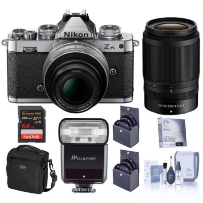 Nikon Z fc DX-Format Mirrorless Camera with 16-50mm f/3.5-6.3 Lens, Silver and 50-250mm f/4.5-6.3 Lens, Bundle with Zoom-Mini TTL R2 Flash, 64GB Memory Card, Bag, 62mm and 46mm Filter Kit