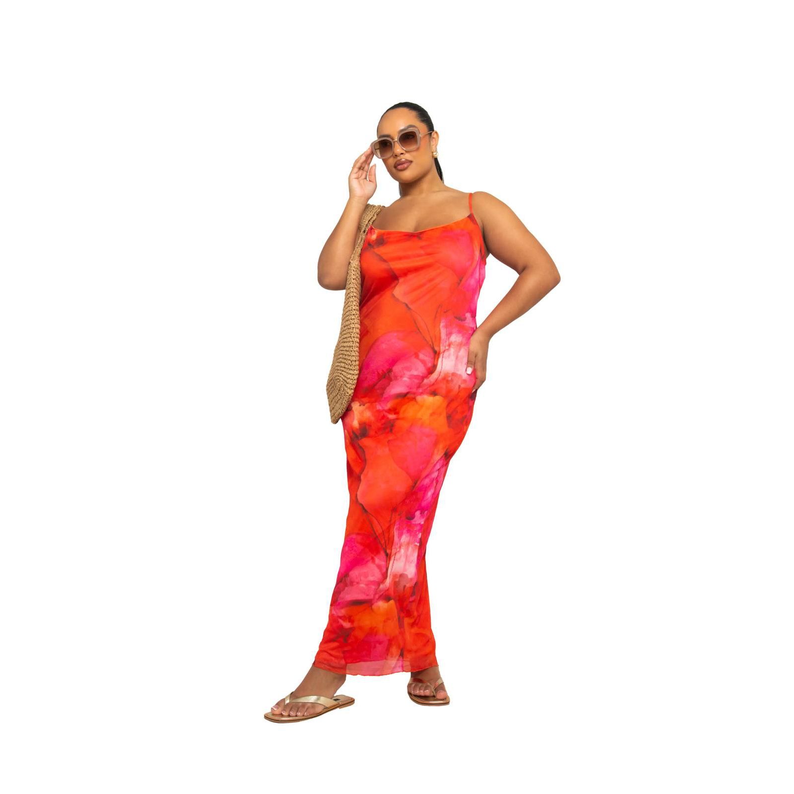 FASHION-SZN CURVE Women's Strappy Abstract Print Mesh Maxi Dress