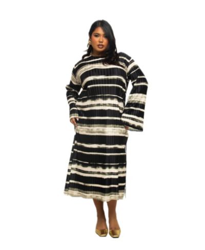 Женское миди-платье FASHION-SZN CURVE в полоску с плиссировкой и длинным рукавом