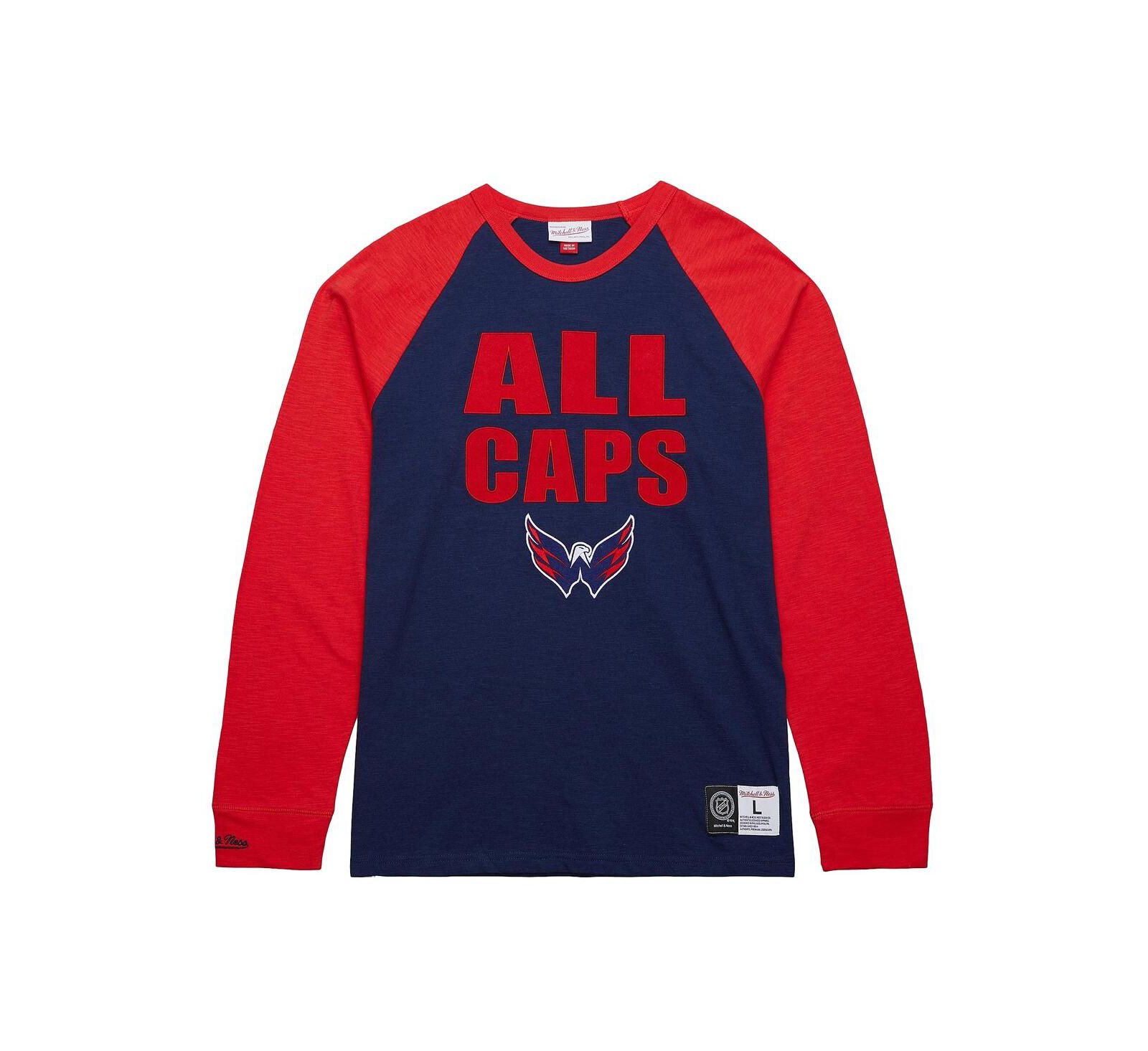 Mitchell & Ness Мужская футболка с длинным рукавом Raglan в стиле Washington Capitals, темно-синий/красный
